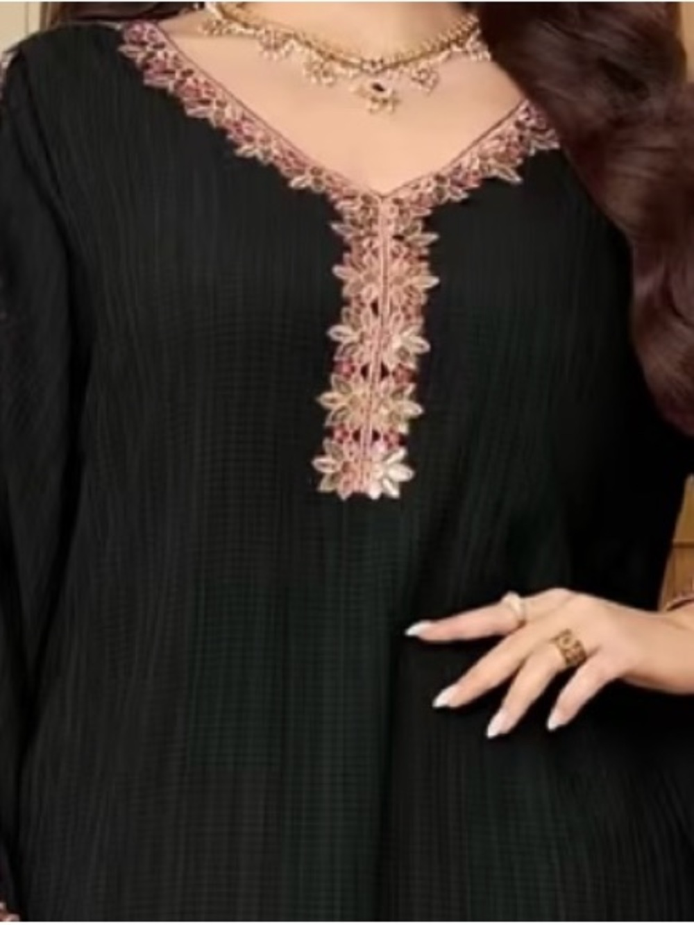 Black Embroidered V-Neck Women's Top